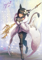 Rule 34 | 1girl, absurdres, animal ears, black hair, boots, breasts, cat ears, cat tail, closed mouth, coat, commentary request, commission, detached sleeves, final fantasy, final fantasy xiv, flower, fujii eishun, full body, fur trim, gloves, grey eyes, hair flower, hair ornament, hand on own chest, highres, holding, knee boots, lips, long coat, long sleeves, looking at viewer, medium breasts, miqo&#039;te, pants, short hair, signature, skeb commission, smile, staff, tail
