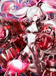 Rule 34 | 10s, 1girl, abyssal ship, bikini, black bikini, boots, breasts, bubble, cannon, cleavage, floating fortress (kancolle), glowing, glowing eye, hair over one eye, highres, hongmao, jacket, kantai collection, long hair, navel, red eyes, smirk, southern ocean oni, southern ocean war oni, swimsuit, teeth, thigh boots, thighhighs, turret, twintails, very long hair, white hair