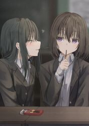 Rule 34 | 2girls, artist request, black hair, black jacket, blurry, blurry background, breasts, closed mouth, collared shirt, desk, food, food in mouth, hair between eyes, highres, holding, holding food, holding pocky, jacket, long hair, looking at another, medium hair, multiple girls, original, pocky, pocky in mouth, purple eyes, school desk, school uniform, shirt, sitting, small breasts, smile, uniform, white shirt, yuri