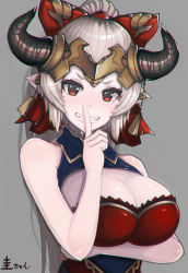 Rule 34 | 1girl, aliza (granblue fantasy), bare shoulders, blush, bow, breast hold, breasts, cleavage, cleavage cutout, clothing cutout, draph, dress, finger to mouth, granblue fantasy, grey background, grin, hair bow, hand up, headpiece, highres, horns, index finger raised, large breasts, long hair, looking at viewer, pointy ears, ponytail, red bow, red dress, red eyes, shushing, sidelocks, signature, silver hair, simple background, smile, solo, tearing up