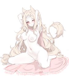 Rule 34 | 1girl, ;), absurdres, animal ears, archetto (arknights), arknights, armpits, arms behind back, arms up, bandaid, bandaid on pussy, bandaids on nipples, barefoot, blonde hair, cape, circlet, crossed bandaids, full body, highres, lilac (k32420276), long hair, looking at viewer, muted color, naked cape, navel, nude, one eye closed, pasties, red eyes, sitting, smile, solo, tail, unfinished, very long hair, wariza