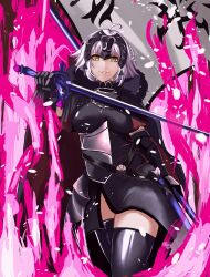 Rule 34 | 1girl, armored boots, armored corset, boots, cape, fate/grand order, fate (series), fire, fire, fur collar, gauntlets, gorget, headpiece, highres, jeanne d&#039;arc alter (fate), parted lips, smile, solo, standard bearer, sword, thighhighs, tomotomow00w, weapon, white hair, yellow eyes, zettai ryouiki
