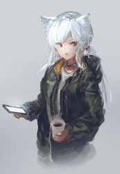 Rule 34 | 1girl, animal ears, cellphone, choker, commentary request, cup, green jacket, grey background, holding, holding phone, inabi, jacket, long hair, long sleeves, open clothes, open jacket, original, parted lips, phone, red eyes, shirt, simple background, smartphone, solo, steam, upper body, white hair, white shirt