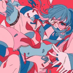Rule 34 | 1girl, blue eyes, covered mouth, eyepatch, glasses, illustration.media, jacket, long sleeves, original, oritakeikou, pink jacket, red background, round eyewear, scarf, solo, striped clothes, striped scarf