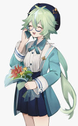 Rule 34 | 1girl, absurdres, alternate costume, bare legs, beret, black hair, blue jacket, blue skirt, bouquet, cellphone, closed eyes, commentary, cowboy shot, flower, genshin impact, glasses, green hair, hat, highres, holding, holding bouquet, holding phone, jacket, long hair, long sleeves, open clothes, open jacket, open mouth, phone, pleated skirt, ponytail, red flower, rippajun, semi-rimless eyewear, shirt, simple background, skirt, smile, solo, sucrose (genshin impact), sucrose (oneplus) (genshin impact), teeth, twitter username, upper teeth only, very long hair, white background, white flower, white shirt