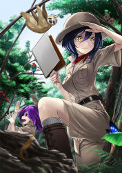 Rule 34 | 2girls, arm up, bad id, bad pixiv id, bird, blue hair, blurry, blush, boots, bug, butterfly, depth of field, hat, insect, jungle, lizard, macaw, multiple girls, nature, open mouth, original, parrot, pith hat, purple hair, red eyes, safari, short hair, shorts, sketchbook, sloth (animal), snake, squirrel, tan (khaki coulomb siro), tree, unowen, wavy mouth, yellow eyes