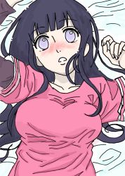 Rule 34 | 1girl, arms up, artist request, bed, bed sheet, blue hair, blunt bangs, blush, breasts, byakugan, casual, collarbone, embarrassed, facing viewer, hands up, highres, hime cut, hyuuga hinata, large breasts, long hair, long sleeves, looking at viewer, lying, messy hair, naruto, naruto: the last, naruto (series), no pupils, on back, on bed, open mouth, pink shirt, pupiless eyes, purple eyes, shirt, short sleeves, shy, solo, undershirt, upper body