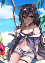 Rule 34 | 1girl, animal ear fluff, animal ears, bare shoulders, beach, bikini, bikini under clothes, black hair, blue bikini, blue sky, blush, bow, breasts, cat ears, cat tail, cloud, collarbone, commentary request, day, eyewear on head, fang, flower, food, green eyes, hair between eyes, hair bow, halterneck, hibiscus, highres, karyl (princess connect!), karyl (summer) (princess connect!), long hair, looking at viewer, mouth hold, multicolored hair, muoto, navel, nipple slip, nipples, open fly, outdoors, popsicle, princess connect!, purple bow, shade, short shorts, shorts, sitting, sky, small breasts, solo, streaked hair, sunglasses, swimsuit, tail, thigh strap, very long hair, white hair, white shorts