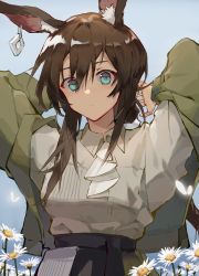 Rule 34 | 1girl, absurdres, amiya (arknights), animal ear fluff, animal ears, arknights, arms behind head, arms up, black skirt, blue background, blue eyes, brown hair, closed mouth, collared shirt, commentary request, flower, green jacket, grey shirt, hair between eyes, high-waist skirt, highres, jacket, long hair, looking at viewer, mingzishenmedoushifuyun34108, open clothes, open jacket, rabbit ears, shirt, skirt, solo, very long hair, white flower