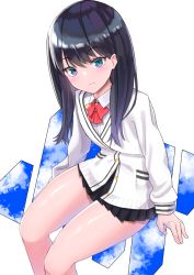 Rule 34 | 10s, 1girl, black hair, black skirt, blue eyes, blue sky, blush, bow, cardigan, closed mouth, cloud, cloudy sky, collared shirt, commentary request, day, feet out of frame, fingernails, gridman universe, hair between eyes, head tilt, highres, long hair, long sleeves, looking at viewer, miniskirt, pleated skirt, red bow, school uniform, shirt, sitting, skirt, sky, sleeves past wrists, solo, ssss.gridman, takarada rikka, templus, thighs, white background, white cardigan, white shirt