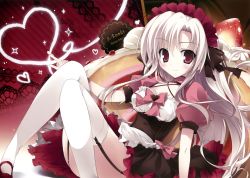 Rule 34 | 1girl, apron, bad id, bad yandere id, black skirt, bow, bowtie, breasts, cake, cleavage, closed mouth, cream, criss-cross halter, food, fruit, garter straps, hairband, halterneck, heart, highres, in food, karory, knees up, lolita fashion, lolita hairband, looking at viewer, mary janes, medium breasts, oversized object, pink bow, pink bowtie, puffy short sleeves, puffy sleeves, red eyes, red footwear, shoes, short sleeves, sitting, skirt, smile, solo, strawberry, strawberry shortcake, thighhighs, underbust, waist apron, white apron, white hair, white thighhighs