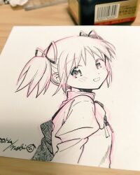 Rule 34 | 1girl, art tools in frame, blush stickers, bow, bowtie, collared shirt, dated, from side, greyscale, hair ribbon, high collar, highres, ink (medium), juliet sleeves, kaname madoka, long sleeves, looking at viewer, mahou shoujo madoka magica, mahou shoujo madoka magica (anime), mitakihara school uniform, monochrome, no+bi=, open mouth, photo (medium), puffy sleeves, ribbon, school uniform, shirt, short hair, short twintails, signature, smile, solo, traditional media, twintails, upper body