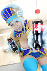 Rule 34 | 1girl, asian, blue eyes, blue hair, blue lips, blue rose (tiger &amp; bunny), blue rose (tiger &amp; bunny) (cosplay), breasts, chouzuki maryou, coca-cola, cosplay, hip focus, large breasts, matching hair/eyes, pepsi, photo (medium), plump, product placement, solo, thick thighs, thighs, tiger &amp; bunny, wide hips