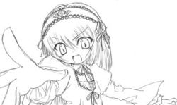 Rule 34 | 00s, 1girl, greyscale, lowres, monochrome, rozen maiden, simple background, solo, suigintou, white background