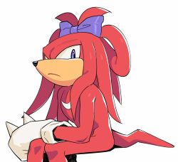 Rule 34 | 1boy, animal nose, bow, closed mouth, furry, furry male, gloves, highres, hyeon sonic, knuckles the echidna, looking at viewer, male focus, purple bow, purple eyes, red fur, simple background, sitting, solo, sonic (series), tail, white background, white gloves
