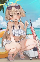 Rule 34 | 1girl, :d, ahoge, assault rifle, bare arms, bare shoulders, beach, between legs, bikini, black-framed eyewear, blonde hair, blue archive, blue sky, blush, breasts, brown eyes, brown hair, bullpup, cloud, collarbone, commentary request, day, eyebrows hidden by hair, eyewear on head, frilled bikini, frills, full body, gun, hair between eyes, halo, hand between legs, hand up, hifumi (blue archive), hifumi (swimsuit) (blue archive), innertube, l85, light brown hair, long hair, looking at viewer, low twintails, marisayaka, navel, ocean, official alternate costume, open mouth, outdoors, ribbon-trimmed bikini, rifle, rolling suitcase, round eyewear, sand, sandals, sitting, sky, small breasts, smile, solo, squatting, suitcase, sunglasses, swim ring, swimsuit, thighs, twintails, very long hair, water, weapon, weapon request, white bikini, white footwear, yellow eyes