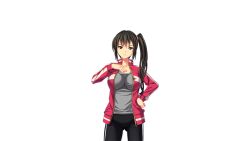 Rule 34 | 1girl, aotonbo, bike shorts, black hair, breasts, brown eyes, female focus, game cg, hand on own hip, jacket, large breasts, legs, long hair, looking at viewer, ohanabatakerun, serious, side ponytail, simple background, solo, standing, thighs, white background, xx of the dead