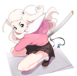 Rule 34 | 1girl, blonde hair, blue eyes, commentary, full body, jubei-chan, katana, long hair, looking at viewer, moudoku (decopon3rd), sheath, smile, solo, sword, two side up, weapon, white background, yagyuu freesia
