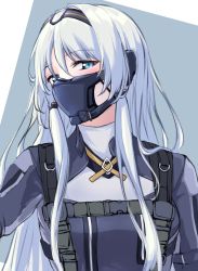 Rule 34 | 1girl, 3 small spiders, an-94 (girls&#039; frontline), blue eyes, blush, girls&#039; frontline, hair between eyes, hairband, highres, long hair, looking at viewer, respirator, silver hair, solo, two-tone background, upper body