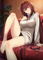 Rule 34 | 1girl, arm support, bare legs, barefoot, black panties, blurry, blurry background, blush, breasts, closed mouth, commentary request, couch, covered erect nipples, fate/grand order, fate (series), futami (mg42fw190d), hair between eyes, hair flowing over, hand on own chest, head tilt, highres, indoors, knee up, large breasts, long hair, looking at viewer, panties, purple hair, red eyes, ribbed sweater, scathach (fate), sidelocks, sitting, smile, solo, sweater, turtleneck, turtleneck sweater, underwear, very long hair, white sweater
