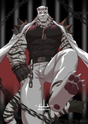 Rule 34 | 1boy, absurdres, animal ears, arknights, armor, bandages, bara, belt, black belt, black tank top, cape, chain necklace, covered abs, feet, feet out of frame, fingerless gloves, furry, furry male, gloves, gluteal fold, highres, leg up, male focus, mountain (arknights), muscular, necklace, open clothes, open shirt, pants, pauldrons, scar, scar across eye, scar on face, short hair, shoulder armor, solo, tank top, tiger boy, tiger ears, tiger stripes, white cape, white eyes, white fur, white hair, white pants, zhuangji equan