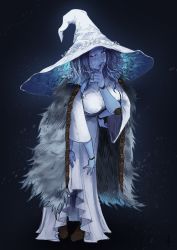Rule 34 | 1girl, absurdres, alternate breast size, aqua eyes, black background, blue hair, blue skin, breasts, cloak, colored skin, cracked skin, disscodissco5, dress, elden ring, extra arms, finger to mouth, hat, highres, large breasts, long hair, looking at viewer, one eye closed, ranni the witch, shushing, white dress, witch, witch hat