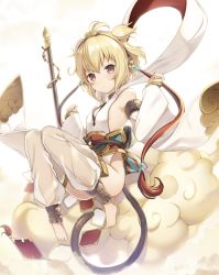 Rule 34 | 10s, 1girl, 6u (eternal land), :o, andira (granblue fantasy), bare shoulders, barefoot, blonde hair, blush, breasts, brown eyes, clenched hands, cloud, detached sleeves, erune, flying nimbus, full body, granblue fantasy, hair ornament, hairband, knees together feet apart, looking at viewer, monkey tail, no panties, red eyes, revealing clothes, see-through, short hair, sideboob, small breasts, solo, staff, tail, thighhighs, wide sleeves