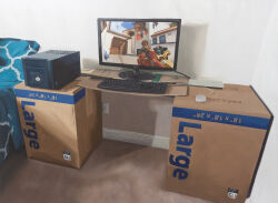 Rule 34 | absurdres, bed, box, cardboard, cardboard box, commentary, computer, english commentary, highres, improvised furniture, keyboard (computer), mauro c. martinez, monitor, mouse (computer), no humans, oil painting (medium), original, painting (medium), photo-referenced, shadow, still life, traditional media