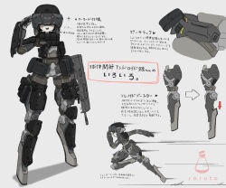 Rule 34 | 1girl, :d, armor, arrow (symbol), assault rifle, character sheet, colored skin, commentary request, facial mark, flat color, grey background, gun, head-mounted display, highres, holding, holding gun, holding weapon, joints, looking at viewer, motion lines, no feet, open mouth, original, pouch, rifle, robot girl, robot joints, running, salute, smile, soruto 0w98e, standing, translation request, weapon, white skin