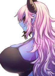 Rule 34 | 1girl, alternate costume, aohada bocchi, black horns, black sclera, black tank top, blue skin, blush, breasts, cleavage, closed mouth, colored sclera, colored skin, demon girl, demon horns, from side, highres, horns, huge breasts, long hair, nose, pointy ears, pointy nose, profile, red eyes, ruri (aohada bocchi), shorts, sideboob, smile, solo, tank top, thighs, upper body, white background, white hair, zyugoya