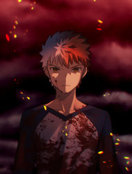 Rule 34 | 1boy, blood, blood on face, blood on clothes, blue sleeves, brown eyes, cloud, cloudy sky, emiya shirou, fate/stay night, fate (series), long sleeves, looking at viewer, male focus, meiji ken, multicolored hair, orange hair, shirt, silver hair, sky, solo, spiked hair, two-tone hair, v-shaped eyebrows, white shirt