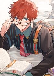 Rule 34 | 1boy, amagi hiiro, blue eyes, book, bookmark, closed mouth, collared shirt, commentary, diagonal-striped clothes, diagonal-striped necktie, earrings, ensemble stars!, glasses, hair between eyes, hoop earrings, jewelry, long sleeves, looking at viewer, lying, male focus, necktie, on stomach, open book, red hair, seuga, shirt, short hair, solo, striped clothes, striped necktie, striped shirt, symbol-only commentary, vertical-striped clothes, vertical-striped shirt