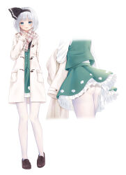 Rule 34 | 1girl, ass, black bow, black bowtie, black hairband, black ribbon, blue eyes, blush, bow, bowtie, brown footwear, buttons, coat, collared coat, commentary request, frills, full body, ghost print, green skirt, green vest, grey hair, hairband, hand up, highres, hitodama print, konpaku youmu, long sleeves, looking at viewer, multiple views, open clothes, open coat, open mouth, pantyhose, pink scarf, plaid, plaid scarf, pocket, ribbon, scarf, shirt, shoes, short hair, skirt, smile, standing, touhou, vest, white coat, white pantyhose, white shirt, wide sleeves, y na1211