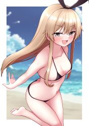 Rule 34 | 1girl, absurdres, bare arms, bare legs, bare shoulders, barefoot, beach, bikini, black bikini, blonde hair, blush, breasts, collarbone, fingernails, highres, kantai collection, long hair, looking at viewer, navel, ocean, shimakaze (kancolle), small breasts, solo, swimsuit, tiemu (man190), yellow eyes