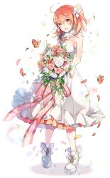 Rule 34 | 1girl, ahoge, alternate costume, alternate hairstyle, bare arms, bare shoulders, breasts, bug, butterfly, commentary request, dress, fate/grand order, fate (series), flower, frills, fujimaru ritsuka (female), fujimaru ritsuka (female) (fgo orchestra), full body, hair between eyes, hair ornament, highres, hiyunagi, holding, insect, large breasts, leaf, looking at viewer, official alternate costume, orange eyes, orange hair, pink dress, red flower, shoes, side ponytail, simple background, smile, white background, white flower, white footwear