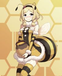 Rule 34 | 1girl, antennae, arthropod girl, bee costume, bee girl, blonde hair, blue eyes, blush, breasts, chiwino, cleavage, detached sleeves, hairband, honey, insect girl, looking at viewer, md5 mismatch, navel, panties, patterned background, pretty rhythm, pretty rhythm rainbow live, pretty series, resolution mismatch, small breasts, smile, solo, source smaller, striped clothes, striped panties, syn sophia, takanashi otoha, thighhighs, underwear, wings, yellow theme