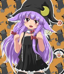 Rule 34 | 1girl, animal ears, bare shoulders, black thighhighs, bow, cat ears, cat girl, cat tail, creatures (company), crescent, earrings, fang, female focus, game freak, gen 1 pokemon, hair bow, halloween, hat, highres, jack-o&#039;-lantern, jewelry, kemonomimi mode, long hair, nintendo, noa (nagareboshi), open mouth, patchouli knowledge, paw pose, pikachu, pokemon, pokemon (creature), pumpkin, purple hair, red eyes, simple background, solo, tail, thighhighs, touhou, very long hair, witch hat