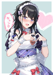 Rule 34 | 1girl, @ @, apron, black hair, blue background, blue bow, blue eyes, blush, bow, bowtie, breasts, collarbone, detached collar, dot nose, dress, frilled dress, frills, hair bow, heart, heart hands, highres, idolmaster, idolmaster shiny colors, kazano hiori, long hair, looking at viewer, maid, maid apron, maid headdress, medium breasts, mrpeanut 88, multicolored eyes, open mouth, parted lips, plaid, plaid dress, ponytail, purple bow, purple eyes, red bow, red bowtie, short sleeves, sidelocks, simple background, solo, speech bubble, sweatdrop, swept bangs, upper body, wrist cuffs