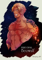 Rule 34 | 1boy, abs, bara, beowulf (fate), blonde hair, breaking, cropped torso, facial hair, fate/grand order, fate (series), gem, goatee, large pectorals, male focus, manly, muscular, nipples, pectorals, red eyes, scar, solo, tattoo, topless male, upper body, yamanome