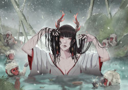 Rule 34 | 1girl, afloat, alcohol, animal, arms up, bamboo, black hair, blunt bangs, bottle, branch, breasts, candle, cleavage, closed eyes, closed mouth, collarbone, cup, dripping, earrings, fingernails, fire, glowing, glowing horns, grass, highres, holding, holding branch, horns, ifragmentix, japanese clothes, japanese macaque, jewelry, leaf, long fingernails, long hair, long sleeves, monkey, oni, onsen, original, outdoors, parted lips, partially submerged, petals, red eyes, ripples, rock, sakazuki, sake, sake bottle, sharp fingernails, signature, sitting, snow, snowing, steam, water, wet, wide sleeves