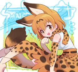 Rule 34 | 1girl, :3, :d, animal ear fluff, animal ears, bare shoulders, belt, blush, bow, bowtie, breasts, brown eyes, character name, commentary request, elbow gloves, feet out of frame, from side, gloves, hair between eyes, hand up, kemono friends, knees up, leaning forward, looking at viewer, medium breasts, motion lines, open mouth, orange hair, orange skirt, orange thighhighs, paw pose, serval (kemono friends), serval print, serval tail, short hair, simple background, sitting, skirt, smile, solo, tail, tank top, thighhighs, traditional bowtie, utsuro atomo, white tank top