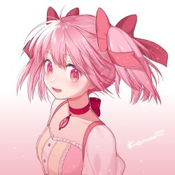 Rule 34 | 1girl, black outline, breasts, buttons, choker, close-up, collarbone, dot nose, facing viewer, frills, glowing, gradient background, hair between eyes, hair ribbon, happy, highres, hui yan, kaname madoka, light blush, light particles, light smile, looking to the side, mahou shoujo madoka magica, mahou shoujo madoka magica (anime), outline, parted lips, pink background, pink eyes, pink hair, pink ribbon, pink theme, puffy short sleeves, puffy sleeves, red choker, red neckwear, ribbon, ribbon choker, short sleeves, short twintails, simple background, small breasts, solo, soul gem, tareme, twintails, upper body, white outline