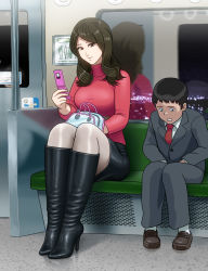 Rule 34 | 1boy, 1girl, bag, black hair, boots, breasts, brown hair, cellphone, enkaboots, fashion, formal, grey pantyhose, handbag, height difference, large breasts, long hair, mature female, miniskirt, original, pantyhose, phone, reflection, sitting, skirt, suit, sweater, train, train interior, turtleneck
