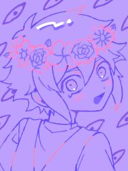 Rule 34 | 0tz026, 1boy, basil (headspace) (omori), basil (omori), blush, flower, head wreath, highres, limited palette, looking at viewer, omori, open mouth, overalls, smile, solo, something (omori)