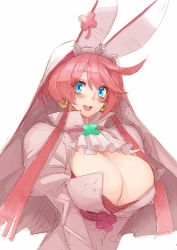 Rule 34 | 1girl, belt, belt buckle, blue eyes, blush, bow, breasts, buckle, clover, collar, dress, earrings, elphelt valentine, four-leaf clover, guilty gear, guilty gear xrd, hairband, hat, headgear, highres, jewelry, looking at viewer, open clothes, open mouth, pink hair, pink ribbon, pink theme, red ribbon, ribbon, simple background, smile, spiked hairband, spikes, wedding dress, white background, white dress