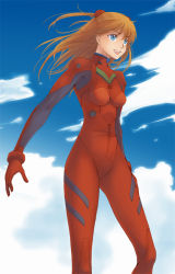 Rule 34 | 1girl, :d, arms at sides, blue eyes, bodysuit, bracer, breasts, brown hair, cloud, day, floating hair, from side, gloves, hair between eyes, happy, headgear, legs apart, long hair, long legs, looking to the side, narrow waist, neon genesis evangelion, open mouth, outdoors, plugsuit, sky, small breasts, smile, solo, souryuu asuka langley, standing, straight hair, takatsuki kahiro, turtleneck, two side up, wind
