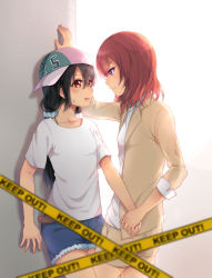 Rule 34 | 10s, 2girls, black hair, blush, bow, bowtie, cardigan, caution tape, couple, eye contact, height difference, hug, keep out, leg between thighs, long hair, long sleeves, looking at another, love live!, love live! school idol project, multiple girls, nishikino maki, plaid, plaid skirt, pleated skirt, purple eyes, red eyes, red hair, school uniform, shirt, short hair, short sleeves, simple background, skirt, smile, striped, sweater vest, swept bangs, tape, twintails, white background, white shirt, yazawa nico, yuri