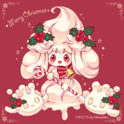 Rule 34 | :d, alcremie, alcremie (other sweet), alcremie (vanilla cream), bell, candy, candy cane, christmas, commentary, creature, creatures (company), dated, english commentary, evolutionary line, food, full body, game freak, gen 8 pokemon, happy, holding, holding candy, holding candy cane, holding food, matchaneko, merry christmas, milcery, nintendo, no humans, open mouth, pokemon, pokemon (creature), red eyes, signature, simple background, smile, sparkle, star (symbol)