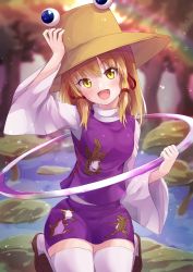 Rule 34 | 1girl, :d, animal print, blonde hair, blush, breasts, brown headwear, day, frog print, hair ribbon, hand on headwear, kneeling, lily pad, long hair, long sleeves, looking at viewer, miniskirt, moriya suwako, open mouth, outdoors, pond, purple skirt, purple vest, rainbow, ramie (ramie541), red ribbon, ribbon, skirt, small breasts, smile, solo, thighhighs, touhou, vest, white thighhighs, yellow eyes