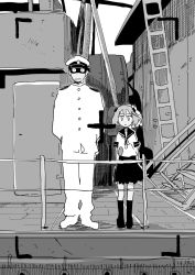 Rule 34 | 10s, 1boy, 1girl, :|, admiral (kancolle), arms behind back, badge, buttons, closed mouth, expressionless, greyscale, hair bobbles, hair ornament, hat, highres, kantai collection, kneehighs, ladder, looking at viewer, military, military hat, military uniform, monochrome, peaked cap, pleated skirt, railing, ribbon, sazanami (kancolle), school uniform, serafuku, shaded face, ship, short hair, short sleeves, skirt, socks, standing, tadano natsu, twintails, uniform, watercraft